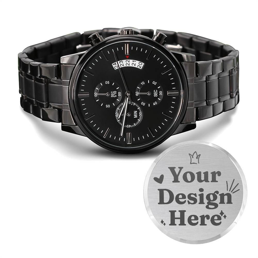 Non-Message Card Black Chronograph Watch with Engraving