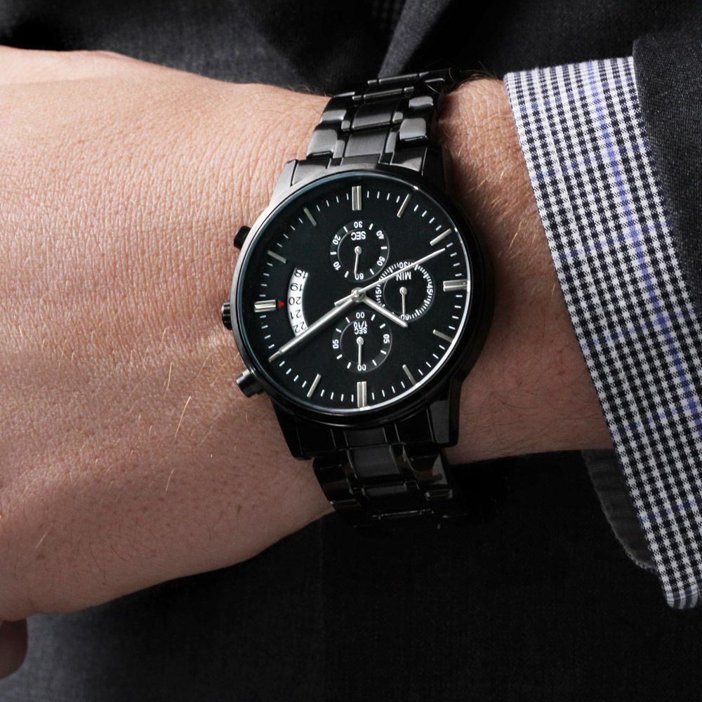 Non-Message Card Black Chronograph Watch with Buyer Upload