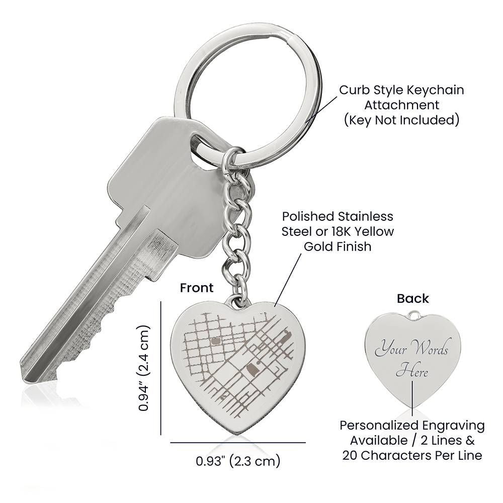 Engraved Heart Keychain with Map