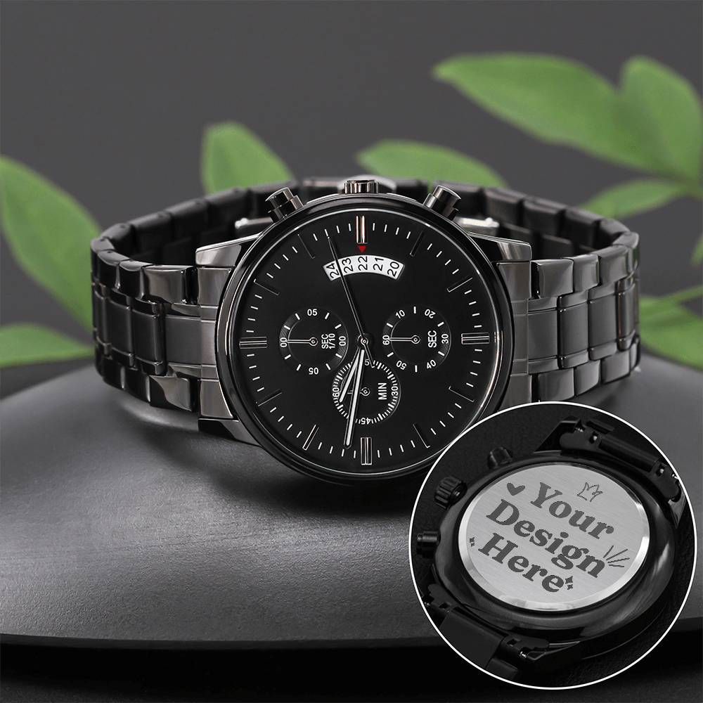 Non-Message Card Black Chronograph Watch with Engraving