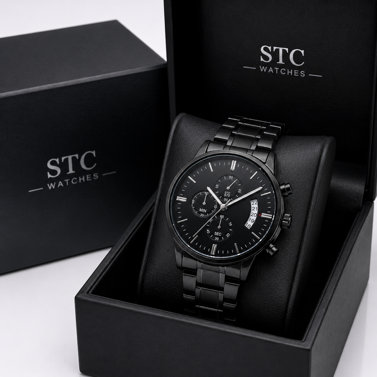 Non-Message Card Black Chronograph Watch with Buyer Upload