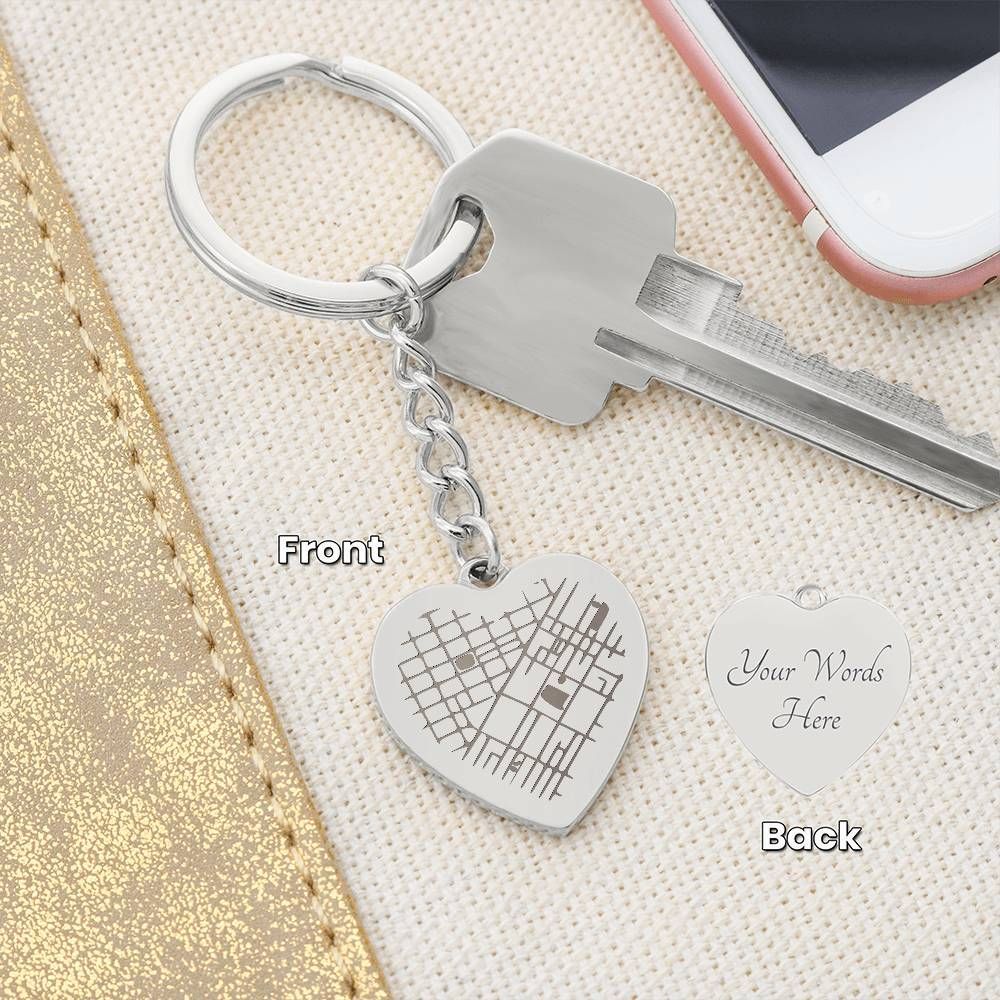 Engraved Heart Keychain with Map