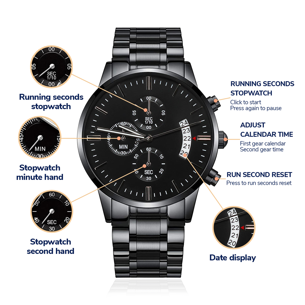 Non-Message Card Black Chronograph Watch with Buyer Upload